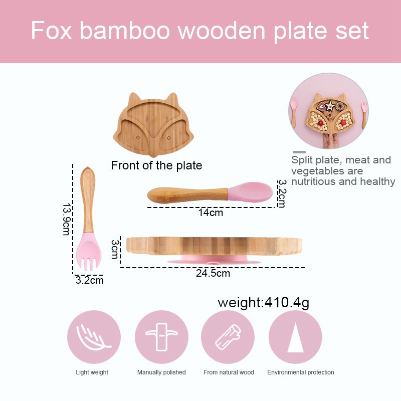 Bamboo Baby Feeding Bowl Spoon Fork Fox Pattern Food Tableware Kids Wooden Training Plate Silicone Suction Cup Removable Baby